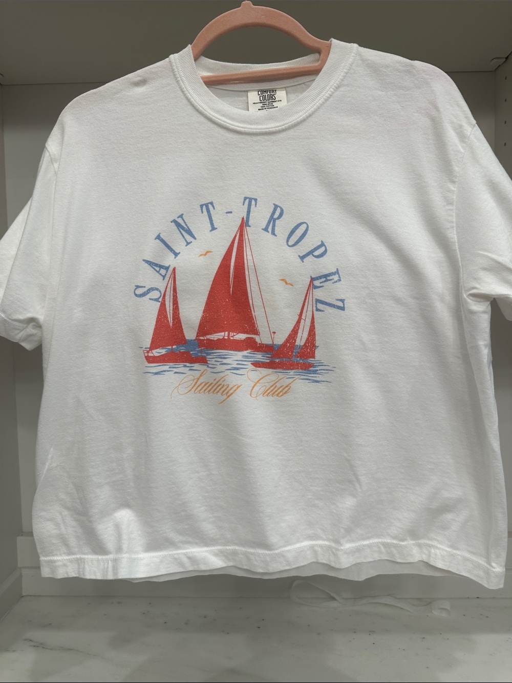 Comfort Colors medium white crop t-shirt. Saint Tropez logo. Like new